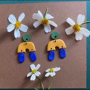 polymer clay dangle earrings yellow blue green